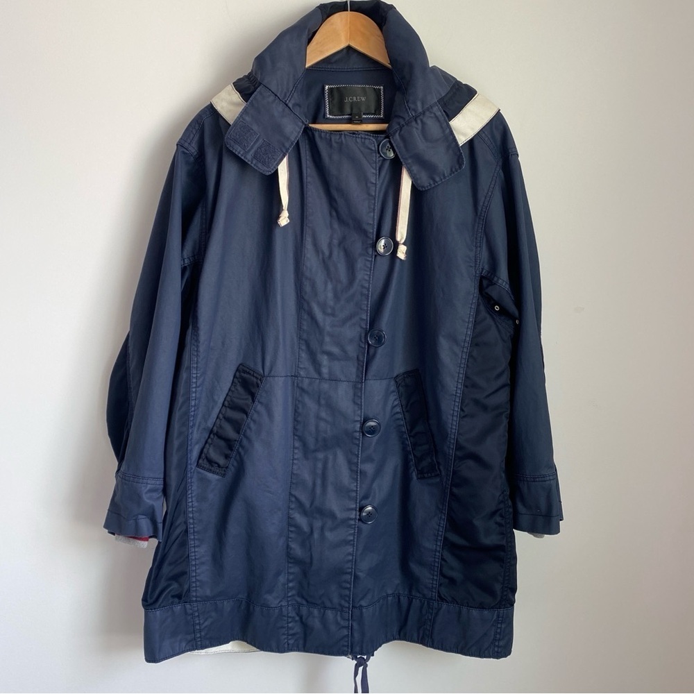 J.Crew Navy Blue Waxed Cotton Nylon Oversized Waterproof Rain Field Jacket M - Picture 2 of 16